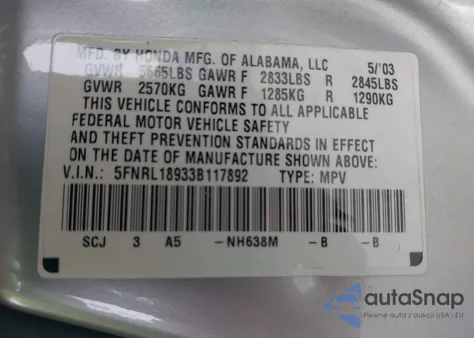 2003 Honda Odyssey Ex-L z USA, uszkodzony, nr VIN 5FNRL18933B117892